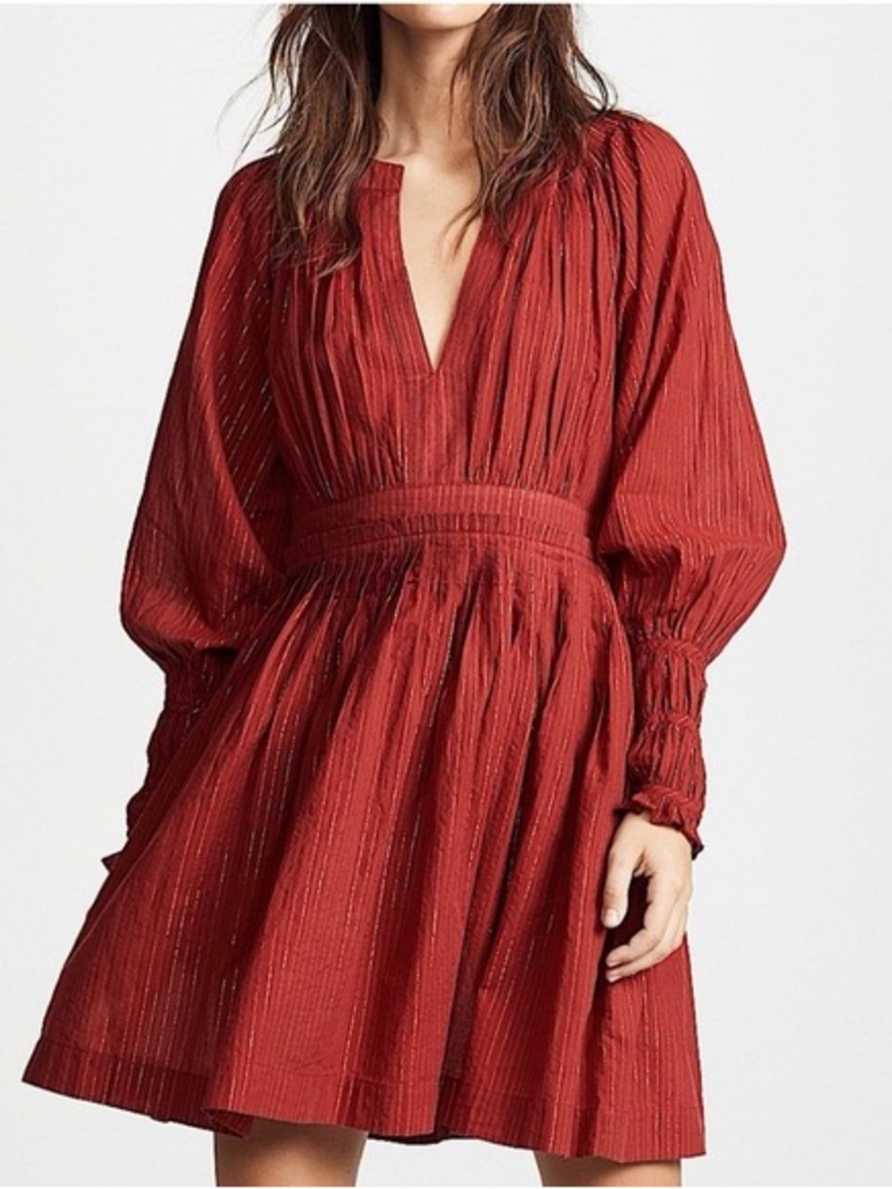 Ulla Johnson Women's Red V-Neck Long Sleeve Smocked Waist Dress